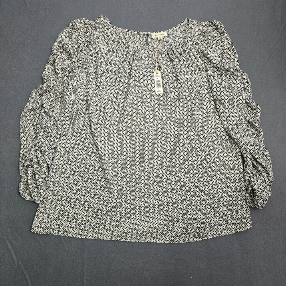 Max Studio Blouse Women L Crepe Flutter Sleeve Geometric Keyhole Back NWT